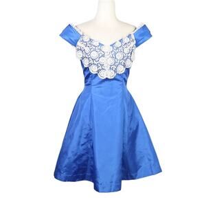 Vintage 80s cobalt blue taffeta off shoulder mini party dress S